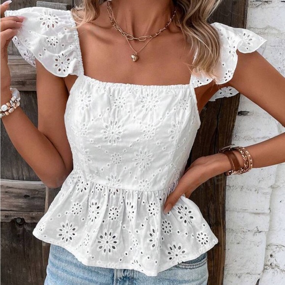 Boho Sheer Floral Lace Ruffle Cap Sleeve Top Blouse Shirt White - Picture 3 of 6
